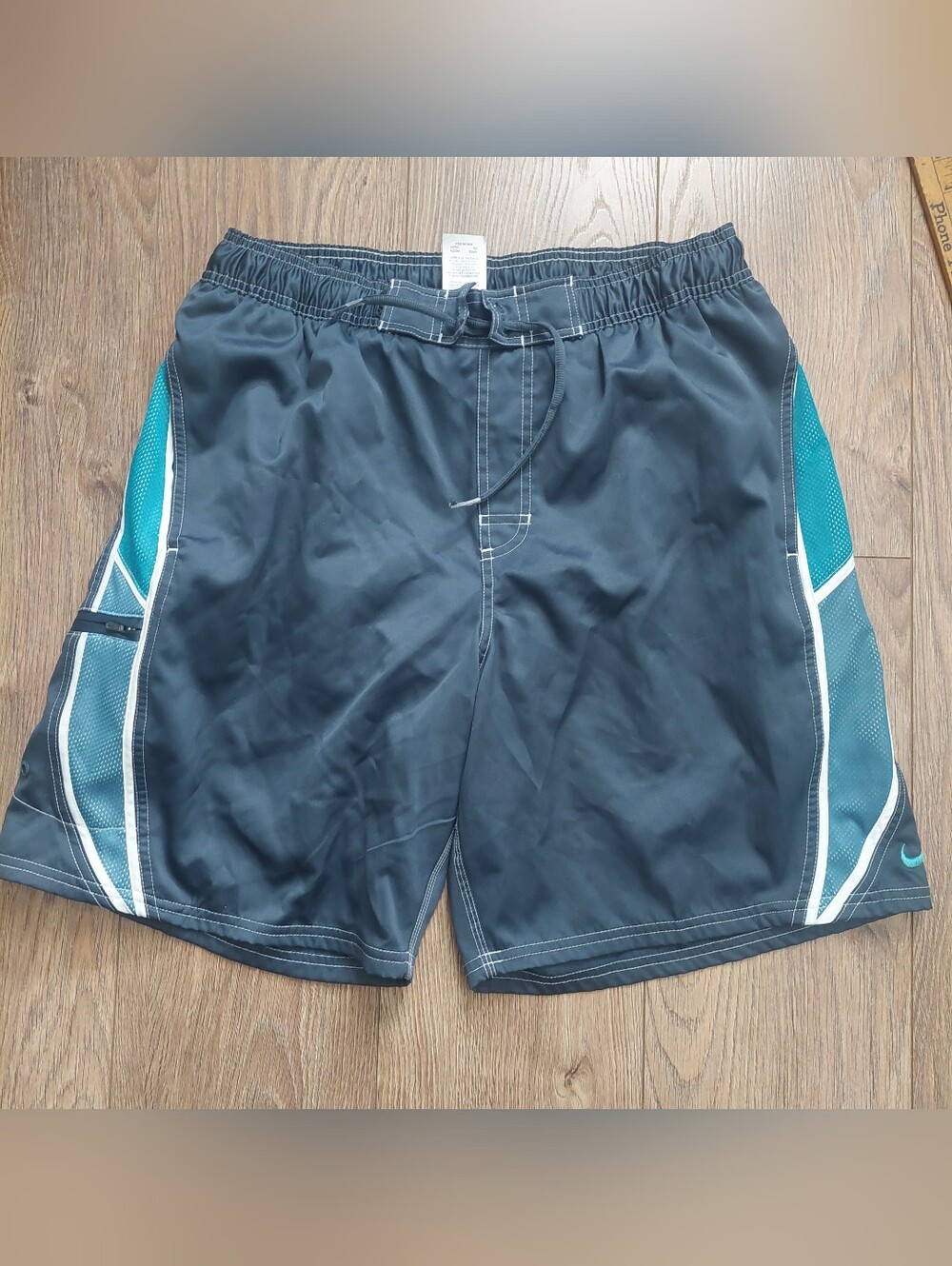 Nike Men's Blue Swim Trunks with Teal Panels Basketball M L Tag